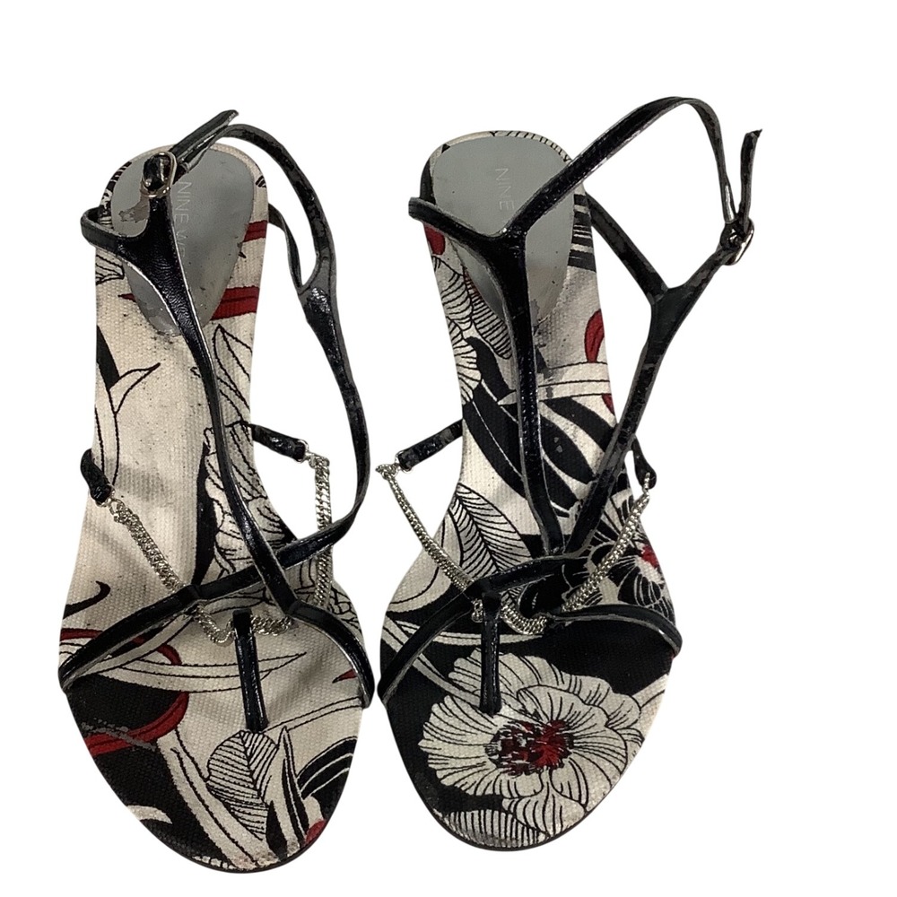 Nine West Question Floral Print Chain Link Stiletto Sandals Womens 11M Black Red